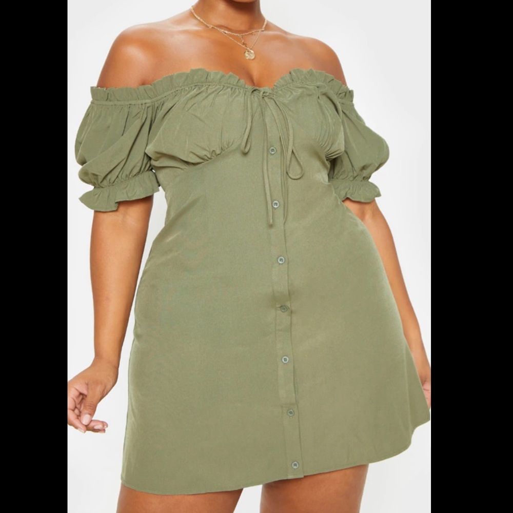 Prettylittlething Bardot Button Front Shift Dress